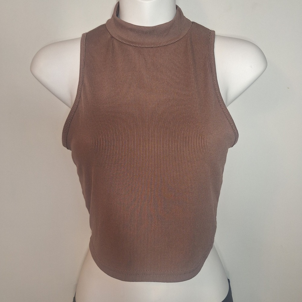 SHEIN Brown Ribbed Mock Neck Sleeveless Crop Top Size Medium